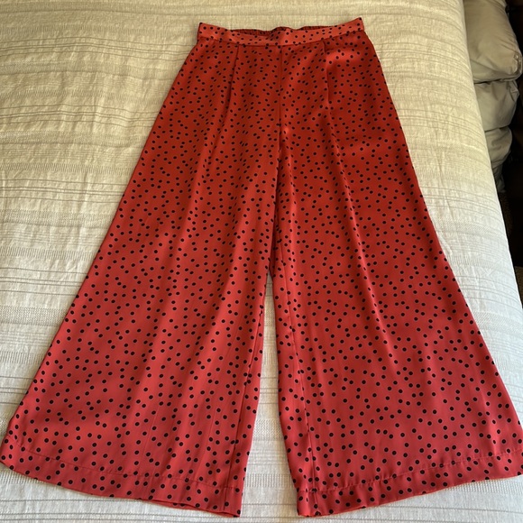 J. Peterman Pants - J.Peterman Women’s Satin Polka Dot Wide Leg Pants, rust with black, size 6